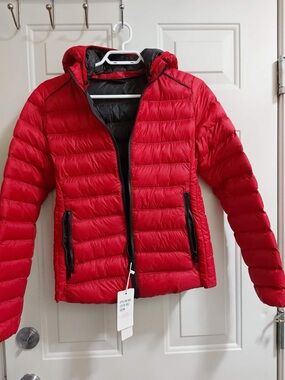 Red puffer jacket